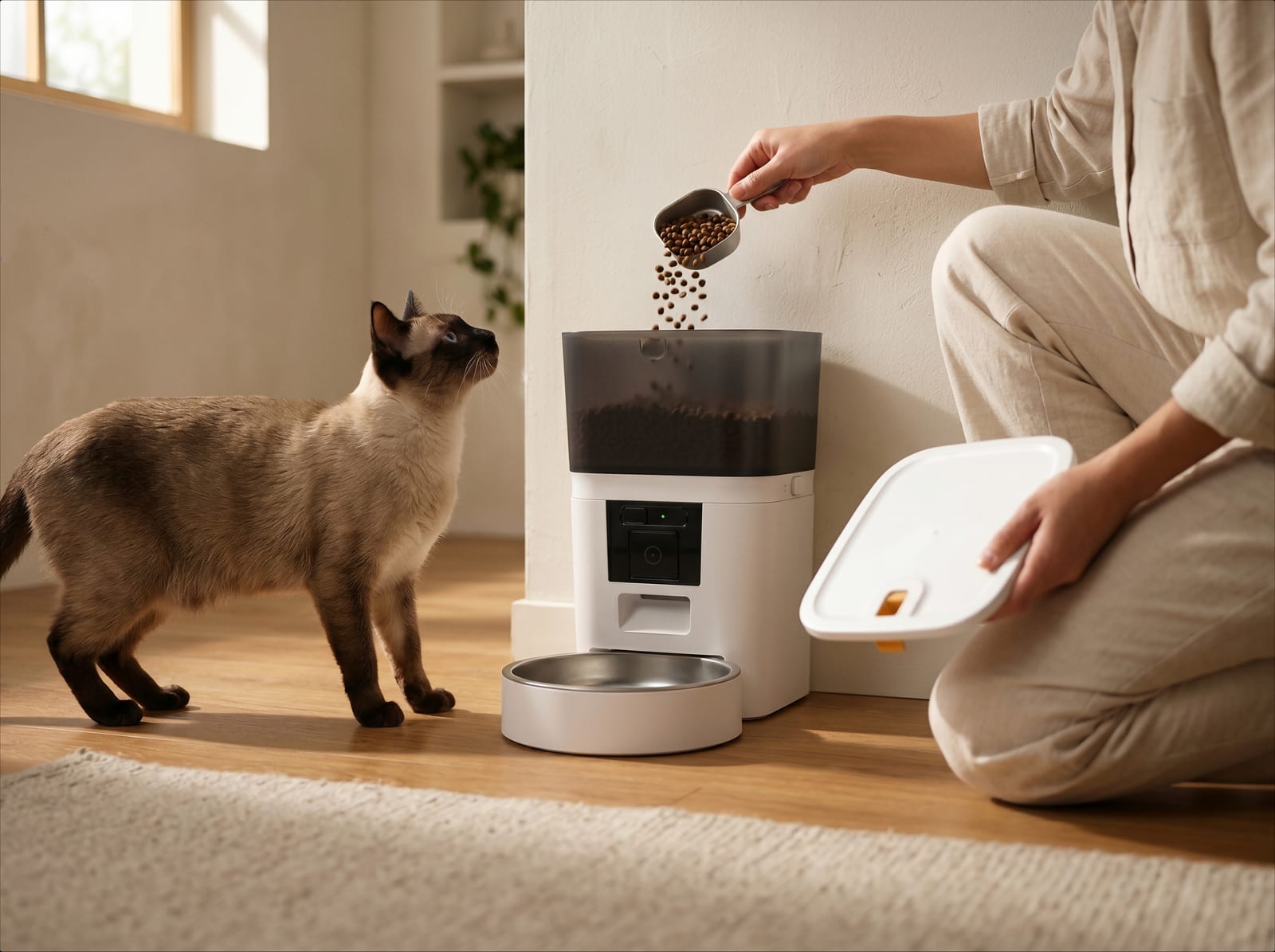 VaultPaw Feed at home with a dog — loading the vault