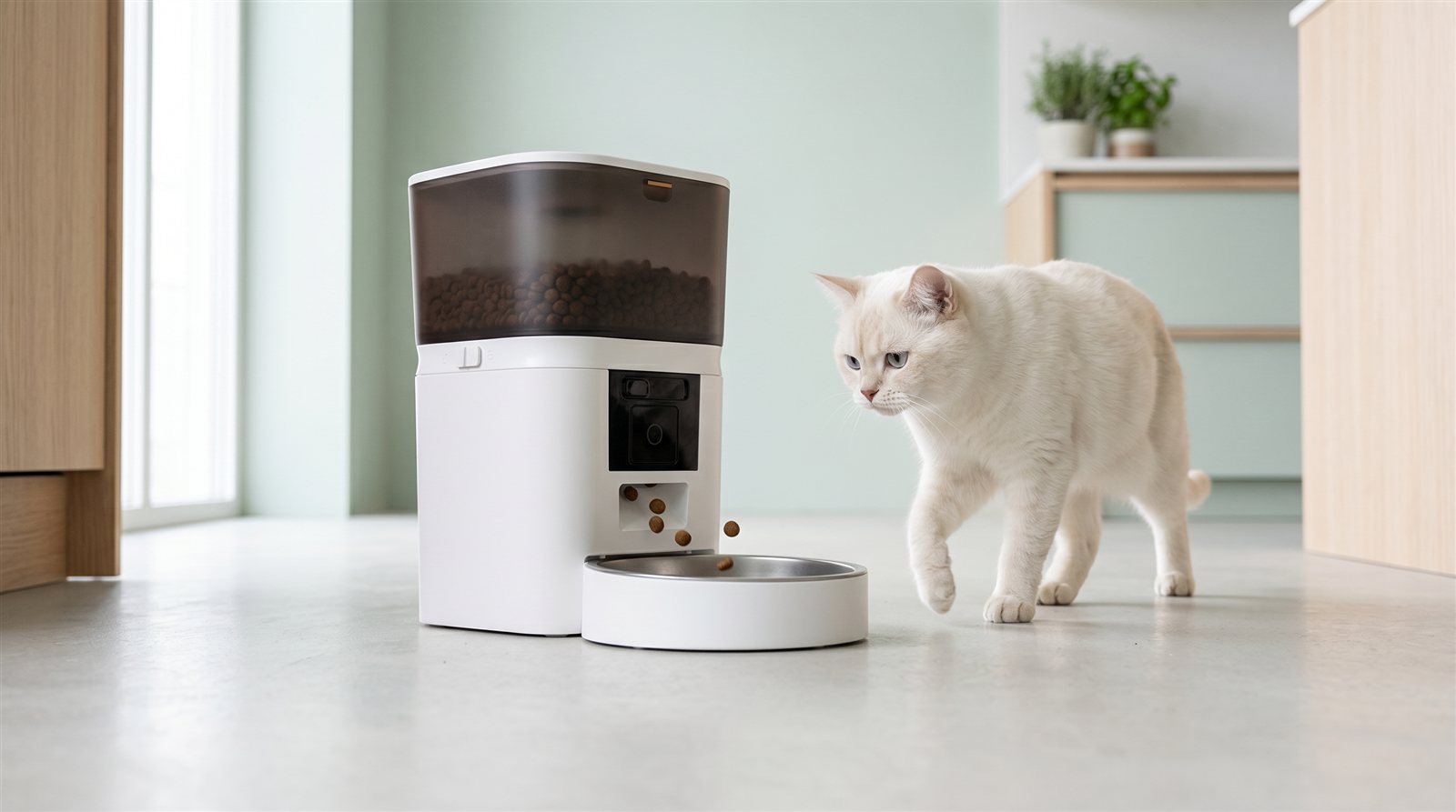 The VaultPaw Feed dispensing a measured portion as a cream cat walks up