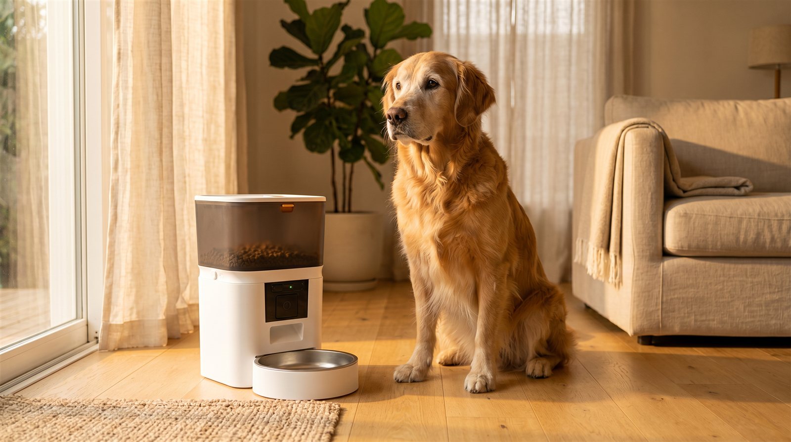 A senior golden retriever sitting tall beside the VaultPaw Feed in golden-hour light