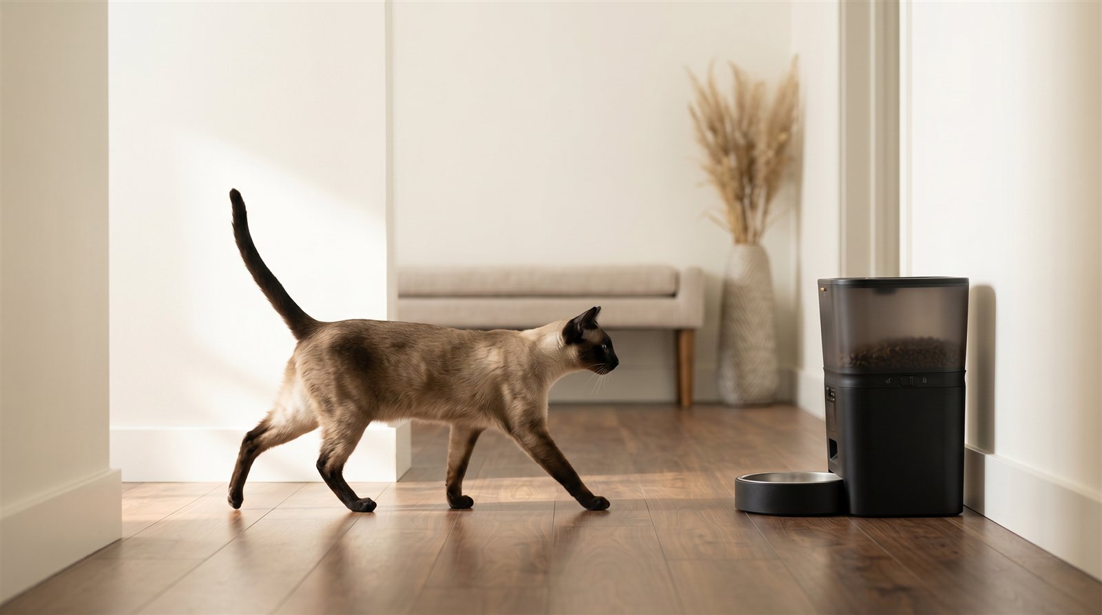 A lean Siamese cat in side profile walking toward the VaultPaw Feed
